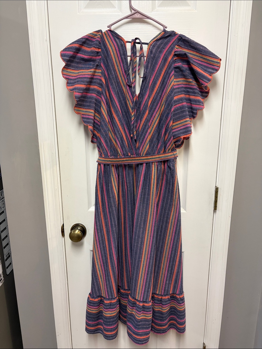 Umgee Navy Striped Flutter-Sleeve Midi Dress with Coral and Pink Accents - Picture 3 of 4
